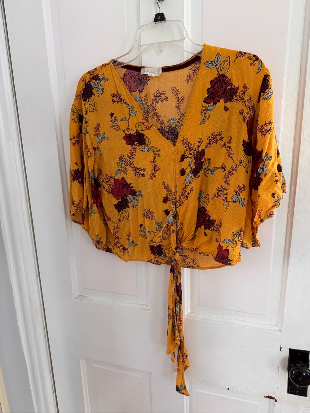 Altar'd State Mustard Floral V-Neck Tie-Front Blouse